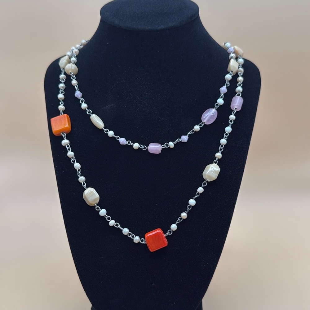 Double strand Freshwater pearls and stone necklace on a silver chain 38 inches